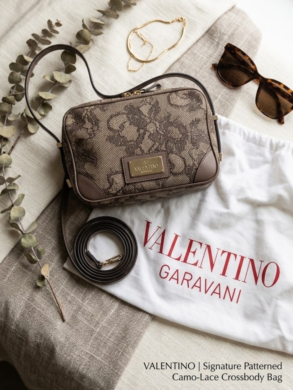 Valentino Garavani Brown Lace-Print  Bag with Gold Hardware